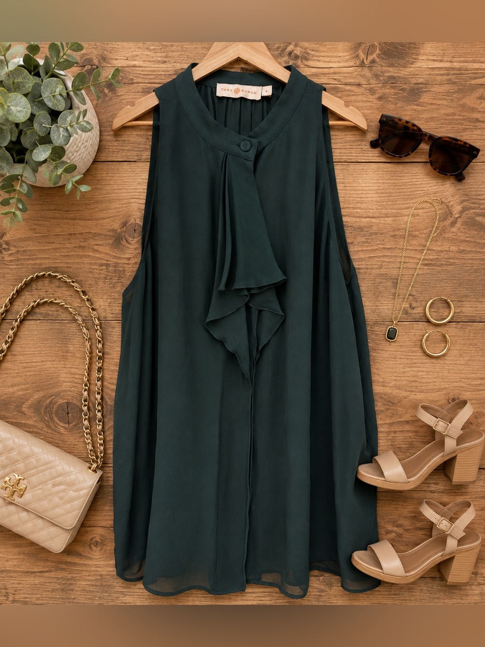 Tory Burch 100% Silk Sleeveless Ruffle Front Blouse Dark Green Size 2